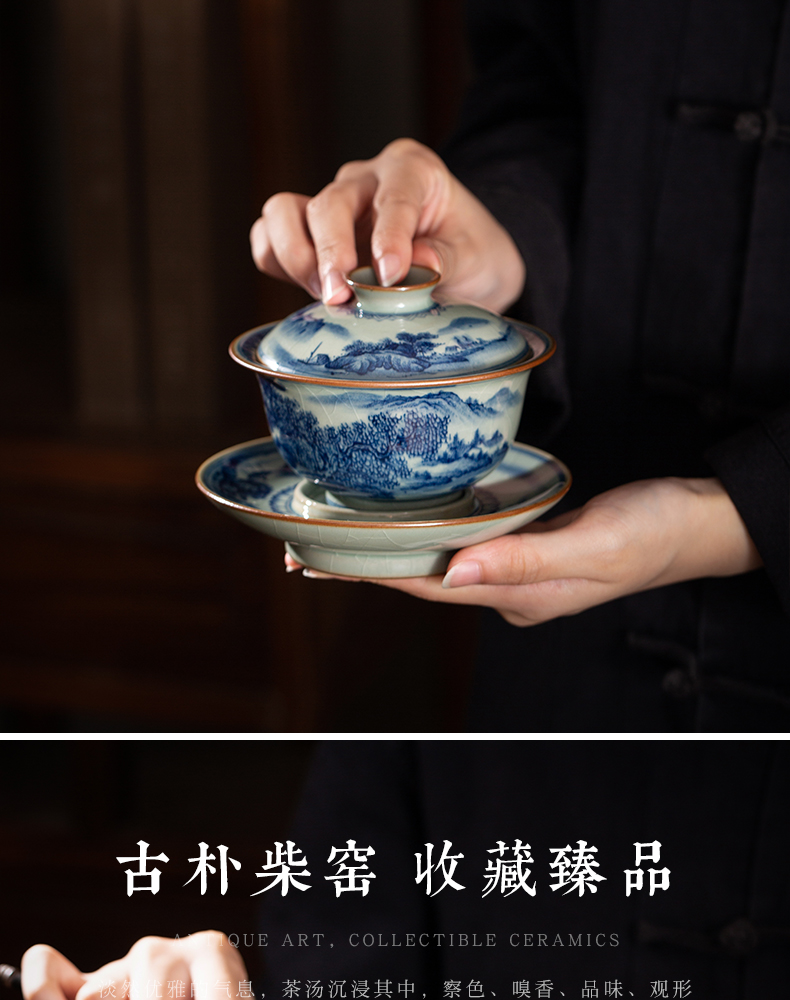 Only maintain tureen old clay archaize three tureen large blue and white painting landscape full jingdezhen tea bowl of tea set