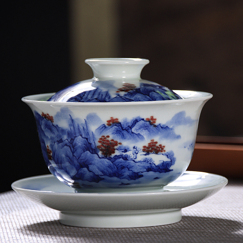 Jingdezhen blue and white youligong tureen tea bowl manual hand - made large landscape three tureen kung fu tea set