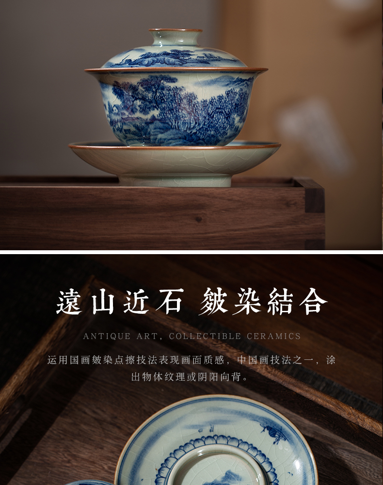 Only maintain tureen old clay archaize three tureen large blue and white painting landscape full jingdezhen tea bowl of tea set