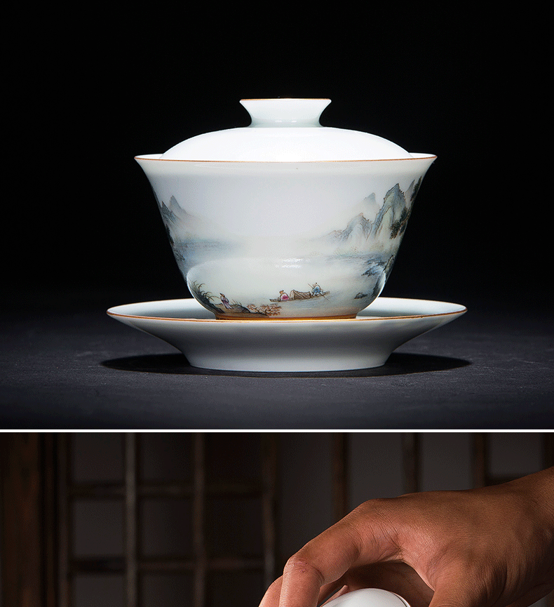 Tureen tea cup three cup of jingdezhen tea service only hand - made pastel paint landscape bowl tea kunfu tea Tureen