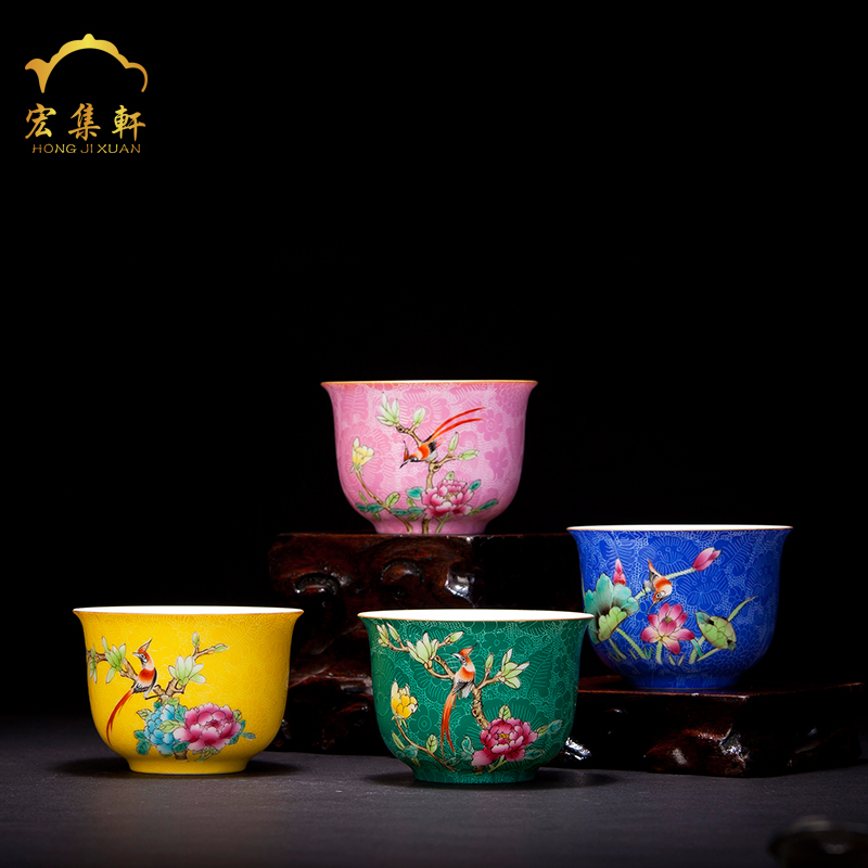 Jingdezhen ceramic kung fu tea set hand pick flowers paint powder enamel sample tea cup noggin master cup single CPU