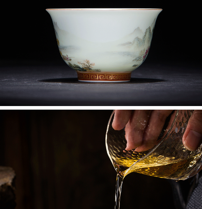 Kung fu tea cups of jingdezhen ceramic cup tea hand - made pastel landscape paint to use sample tea cup master cup single CPU