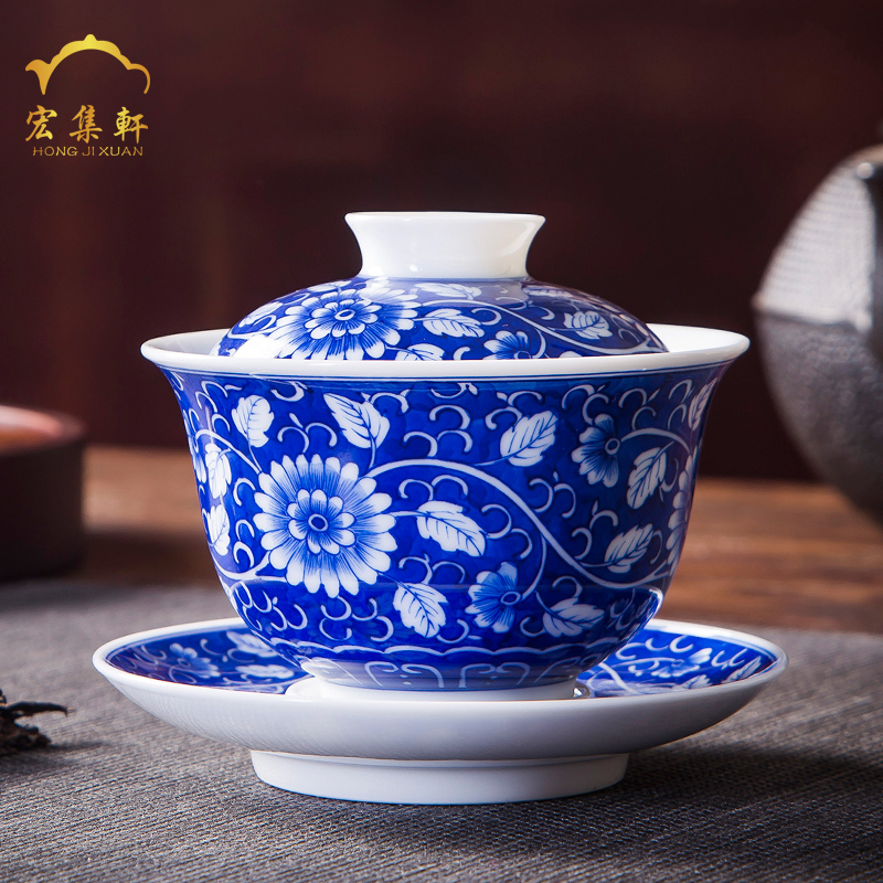 Tureen tea cups of jingdezhen ceramic only three large blue and white tea cup bowl hand - made ancient bowl lotus flower