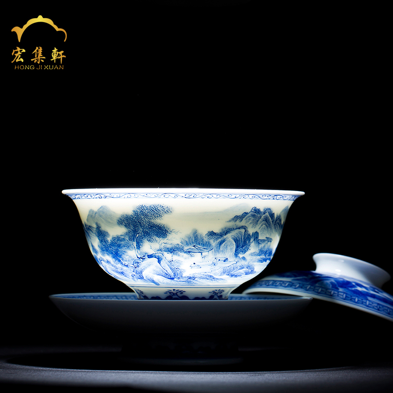 Jingdezhen ceramics tureen hand - made under the blue and white glaze porcelain cups landscape high tea bowl three tureen tea cups