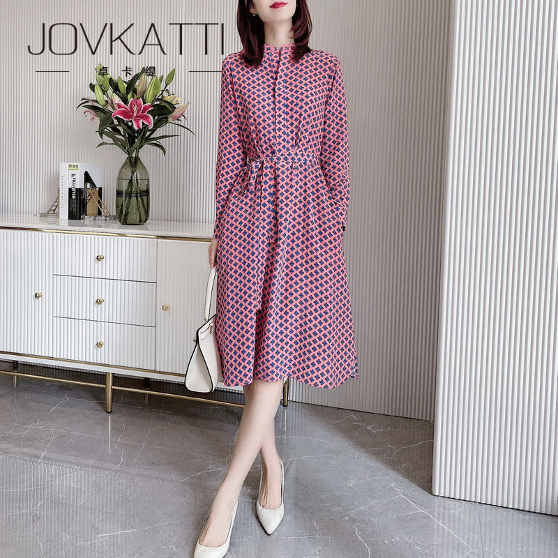JOVKATTI early autumn new elegant temperament mulberry silk printed silk skirt long-sleeved stand-up collar mid-length dress