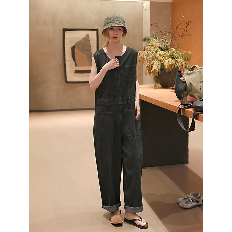 Ma Boss Mzx Black Sleeveless Denim Jumpsuit for Women 2026 New Summer Loose Wide-Leg Workwear Jumpsuit