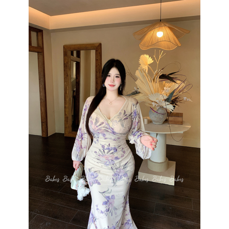 Babes【Purple Iris Soft Gauze】Plus-Size French V-Neck Beach Vacation Cardigan and Fishtail Skirt Two-Piece Set for Women