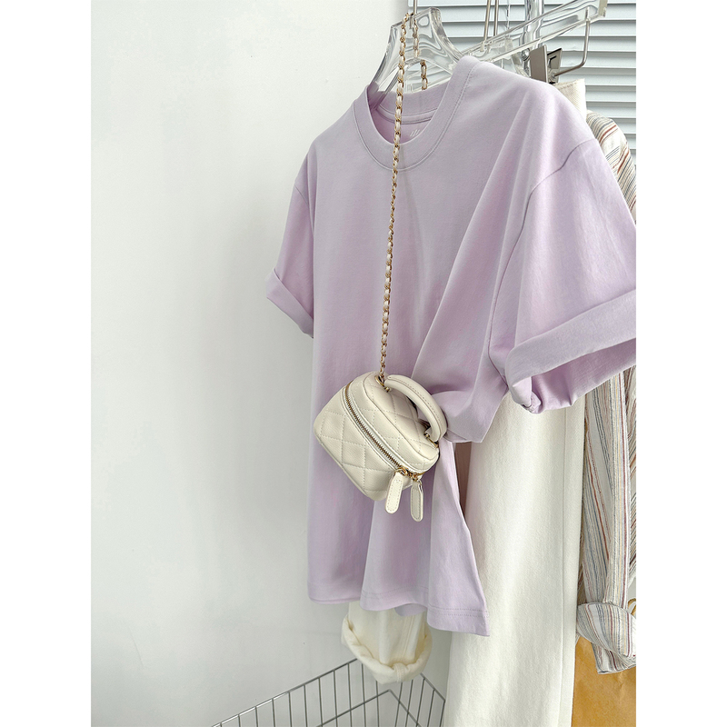 Cream Purple Short-Sleeved T-Shirt for Women, Loose Fit, Pure Cotton, Unique Design, Casual, Lazy, Breathable, Versatile Top