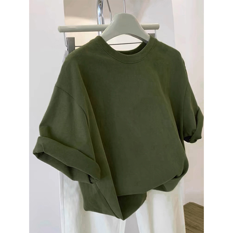 2026 Summer New Style Loose and Unique Regular Shoulder Slimming Retro Army Green Short-Sleeve T-Shirt for Women, Niche Pure Cotton Green Top