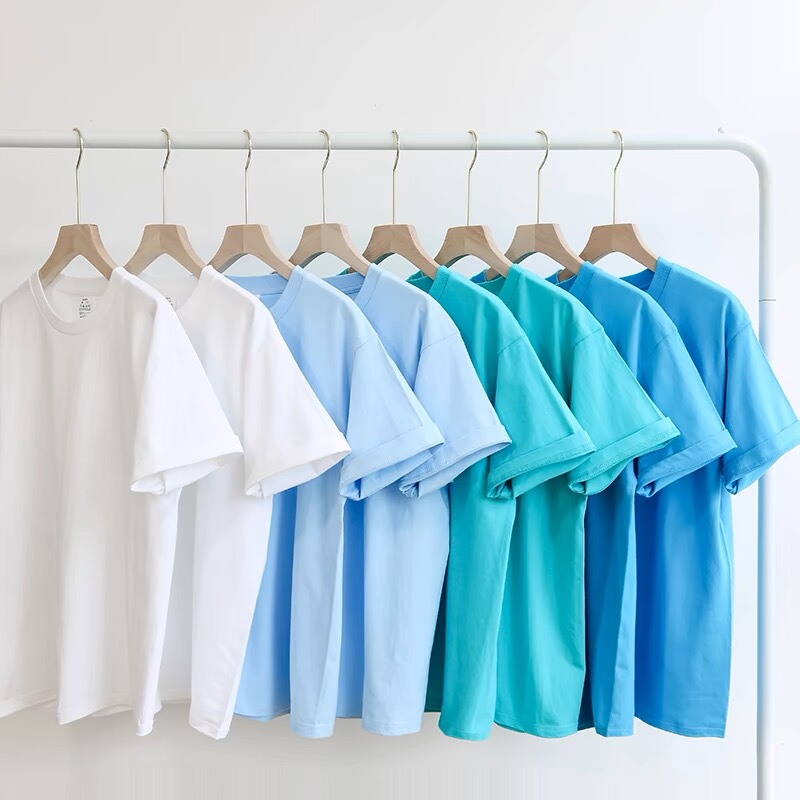 Super Flattering! Blue Pure Cotton Short-Sleeve T-Shirt, Basic Solid Color Oversize White Undershirt for Men and Women, Versatile