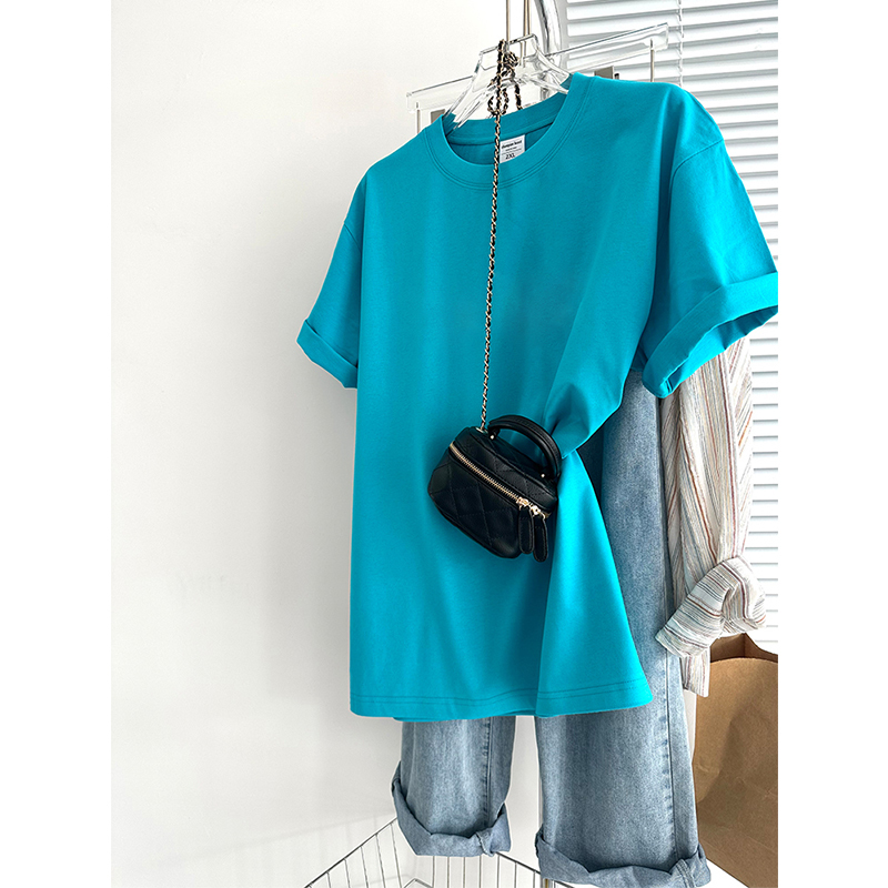 Casual and Versatile Summer Wear, Lake Blue Pure Cotton, Regular Shoulder Short-Sleeved T-Shirt for Women, Unique Design, Niche Pure Color, Retro Half-Sleeved Top