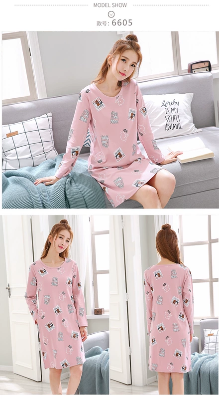 Áo dài tay mùa xuân và cotton dài tay nữ dài phần phiên bản Hàn Quốc XL học sinh có thể mặc đồ ngủ nữ phục vụ tại nhà mùa đông