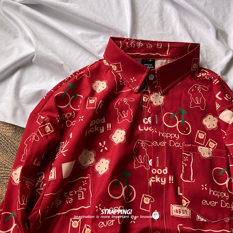 Strapping Year of the Rabbit Auspicious New Year Long Sleeve Shirt Hong Kong Style Retro Os Japanese Style Unisex New Year Spring and Autumn