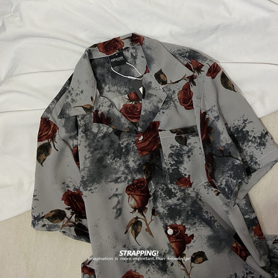 STRAPPING splash ink floral floral camisa floral de manga corta con cuello cubano para hombres y mujeres estilo hawaiano retro japonés de Hong Kong