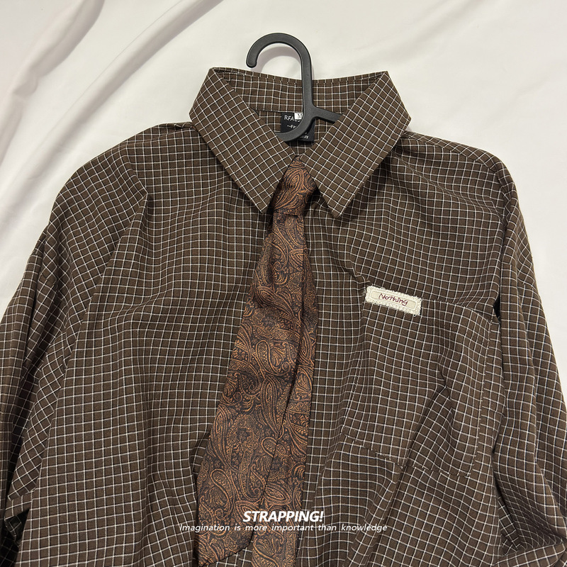 Strapping Small Checkered Tie American-Style All-Cotton Khaki Long-Sleeve Shirt Hong Kong Style Retro Japanese Style Unisex Spring and Autumn Strapping Small Checkered Tie American-Style All-Cotton Khaki Long-Sleeve Shirt Hong Kong Style Retro Japanese Style Unisex Spring and Autumn