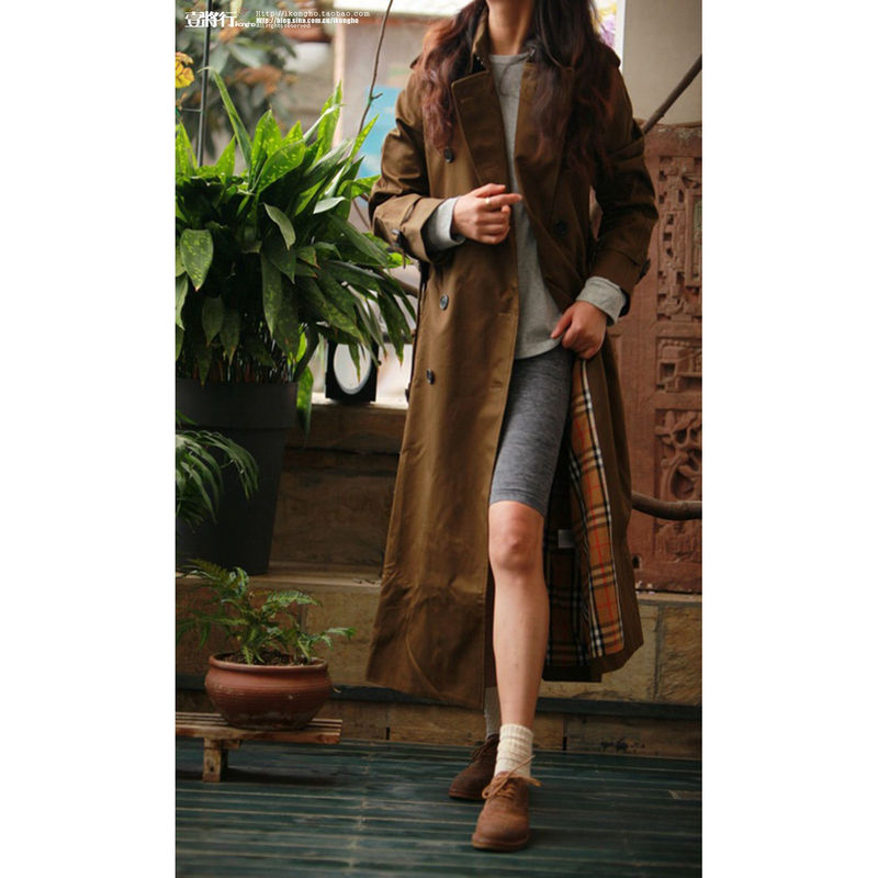 Bread Olive Green Long Double-Breasted Trench Coat for Women 724B16Wcbs1.1Kg