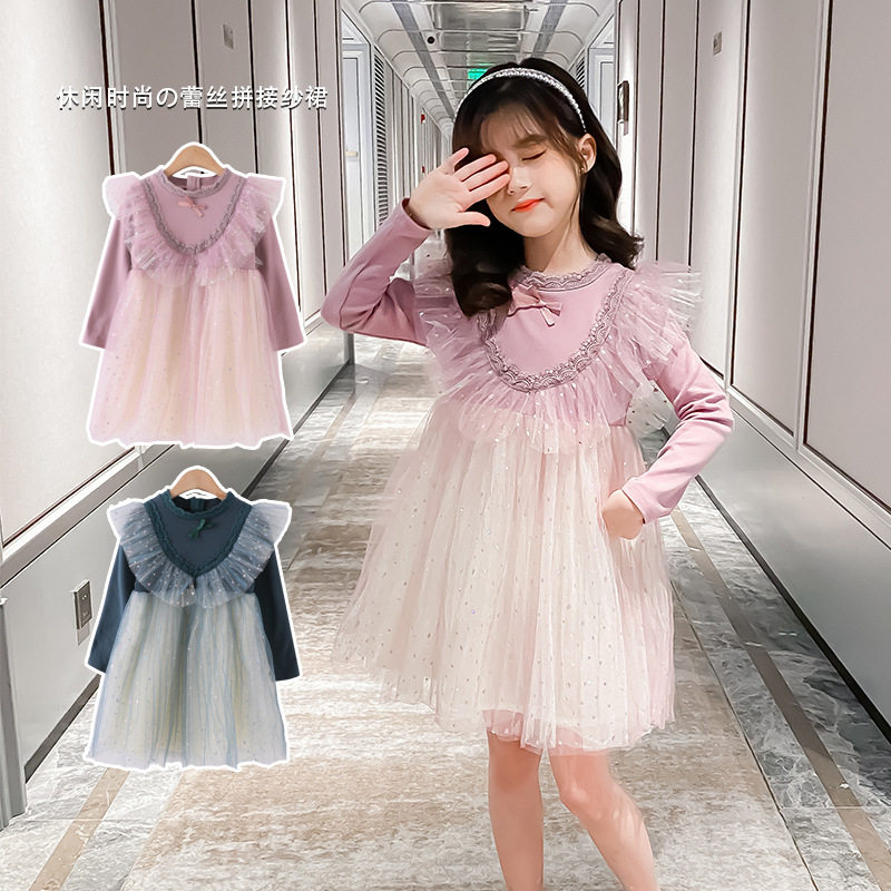 Girls fluffy dress 2022 new foreign style medium and large children's dress skirt girl long-sleeved cake princess skirt