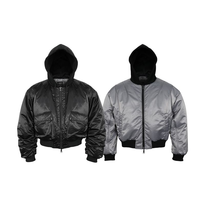 Epower "Double Evil Spirits" 3m Thinsulate Black Silver-Gray Reversible Hooded Bomber Cotton Jacket Epower "Double Evil Spirits" 3m Thinsulate Black Silver-Gray Reversible Hooded Bomber Cotton Jacket