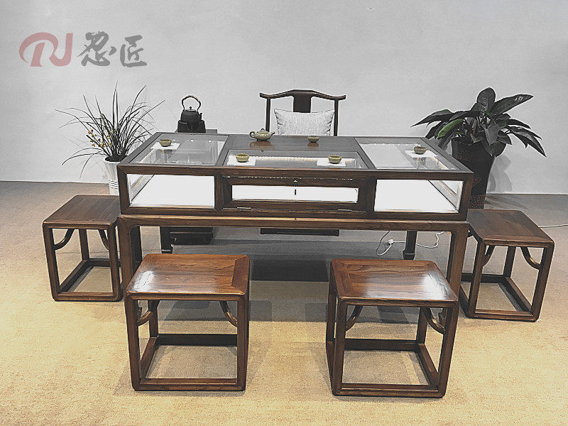 Old elm exhibition cabinet New Chinese jewelry exhibition cabinet solid wooden counter decoration counter paint-free exhibition cabinet glass exhibition cabinet