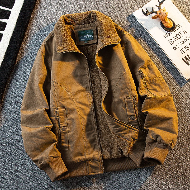 Hpcp Retro Lamb Wool Workwear Flight Jacket Men's Winter Fleece-Lined Thickened Warm Cotton Coat Hunting Jacket