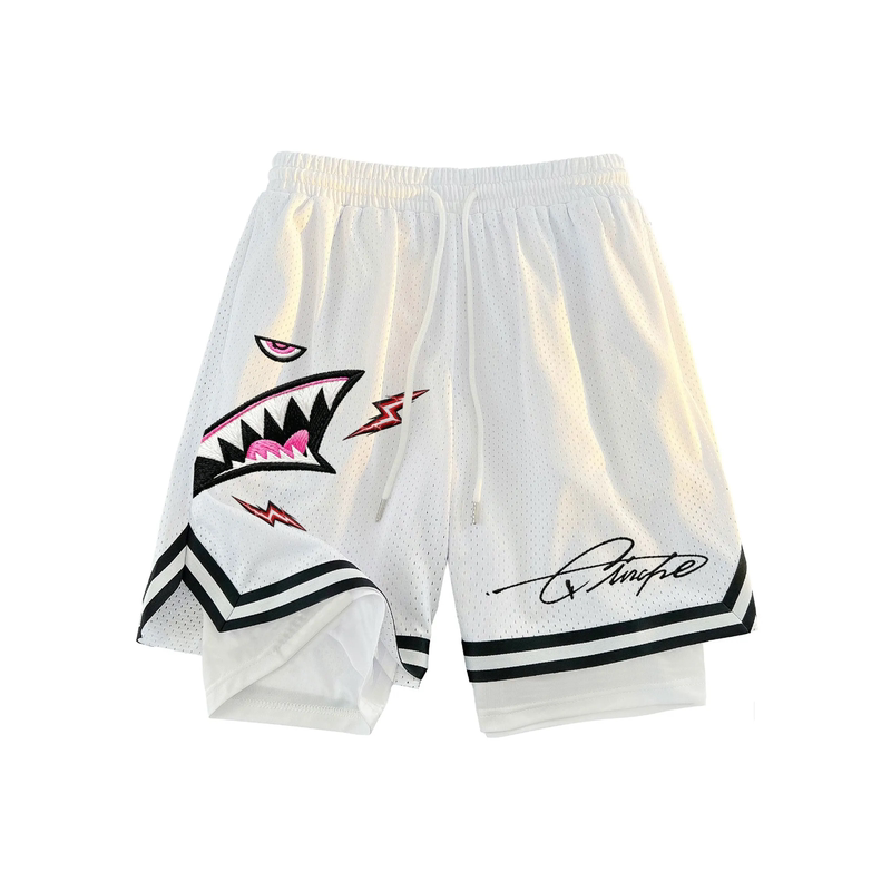 Loox Gz American Retro High Street Trendy Shark Mouth Lightning Mesh Pants Fake Two-Piece Quarter Pants Loose Shorts Loox Gz American Retro High Street Trendy Shark Mouth Lightning Mesh Pants Fake Two-Piece Quarter Pants Loose Shorts
