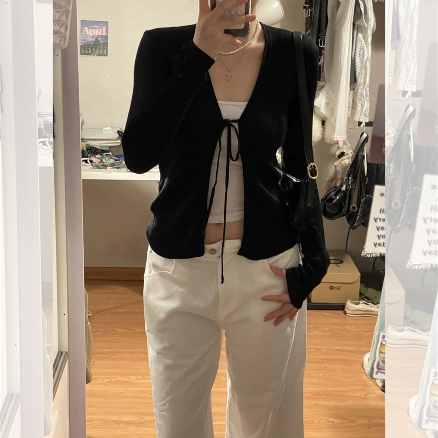 BM レディース ニット カーディガン、2026 年春秋新作、スリムフィット、V ネック、ウエストリボン、アウターショール、ショート丈トップス。