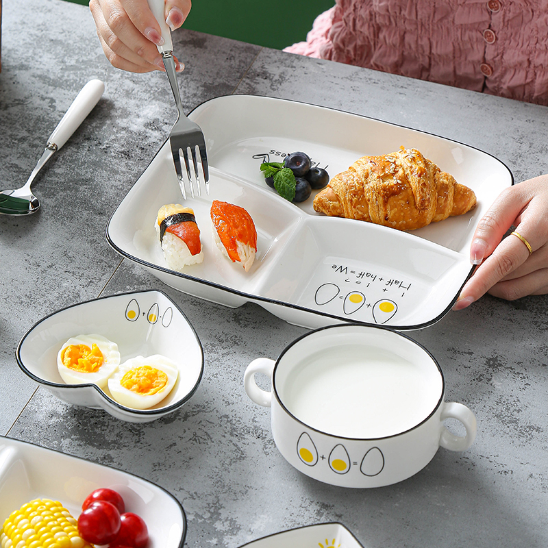 Divided Plate for Home Use, Three-Compartment Plate, Weight Loss Plate, Adult Divided Plate for Weight Loss, Ceramic Tableware, Children's 211 Breakfast Plate