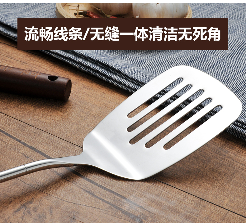Hộ gia đình tay cầm bằng gỗ thìa thép không gỉ chao bếp chống bỏng dày nấu ăn xẻng sắt đơn chiên xẻng nhà bếp bộ kệ để dao
