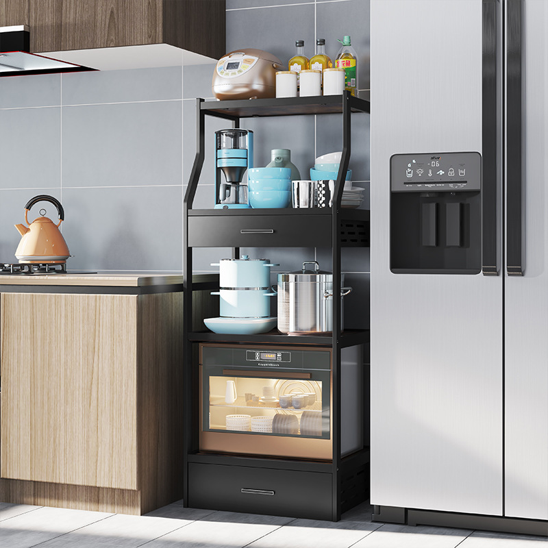 Kitchen Shelve Ground Floor Multilayer Stainless Steel Microwave Oven oven Black Frying Pan Supplies Household large fully-contained shelf