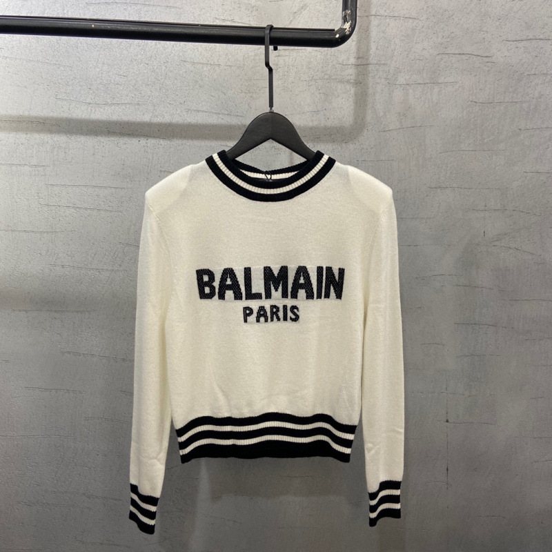 Balmain's New Autumn and Winter Product, Contrasting Color Chest Lettering, Balmain Embroidered Round Neck Knitted Cashmere Sweater for Women