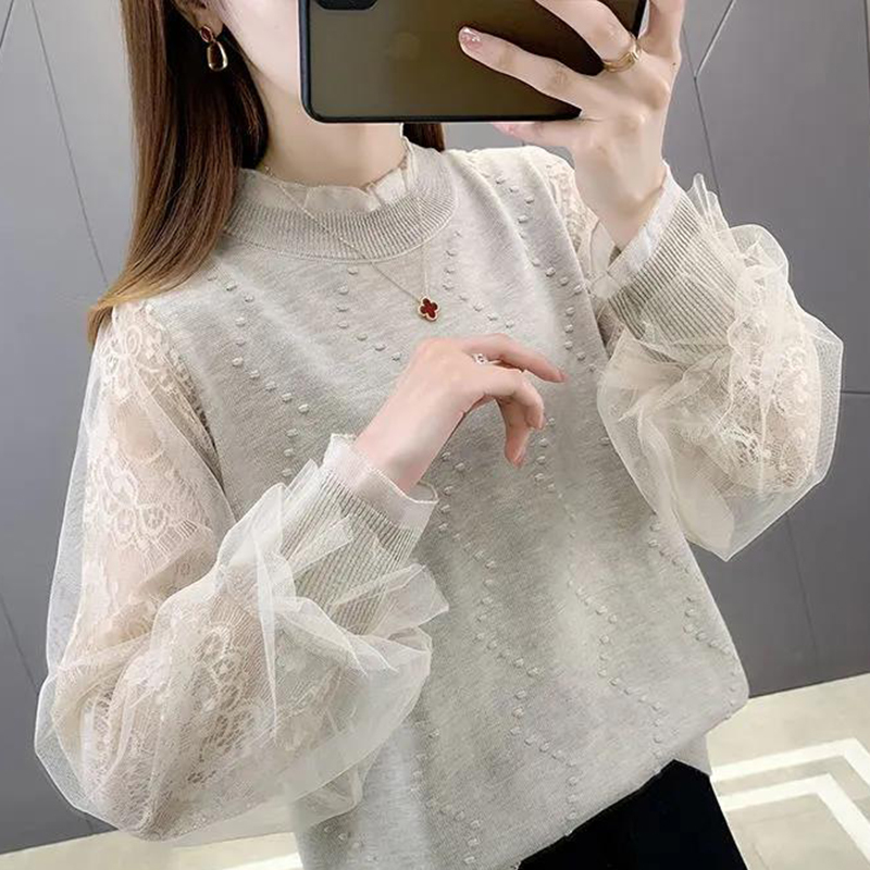 Lace Patchwork Loose Sweater for Women, Spring and Autumn 2026 New Style, Pullover, Stylish Long-Sleeve Base Shirt, Thin Knit Top