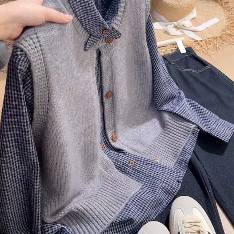Korean-Style Preppy Plaid Shirt and Knitted Vest Two-Piece Set for Women, 2026 Autumn Fake Two-Piece Layered Vest and Waistcoat Korean-Style Preppy Plaid Shirt and Knitted Vest Two-Piece Set for Women, 2026 Autumn Fake Two-Piece Layered Vest and Waistcoat