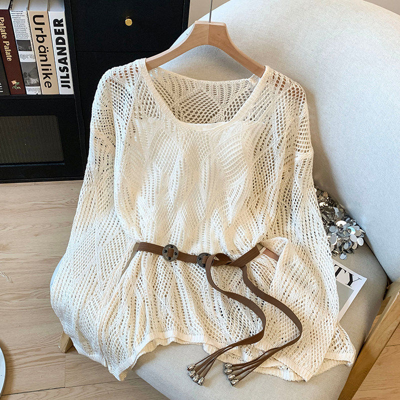 French-Style Hollow-Out Knit Sweater for Women, New Spring/Summer Long-Sleeve Sun-Protective Cover-Up Two-Piece Set, Lazy Style, Trendy Thin Top