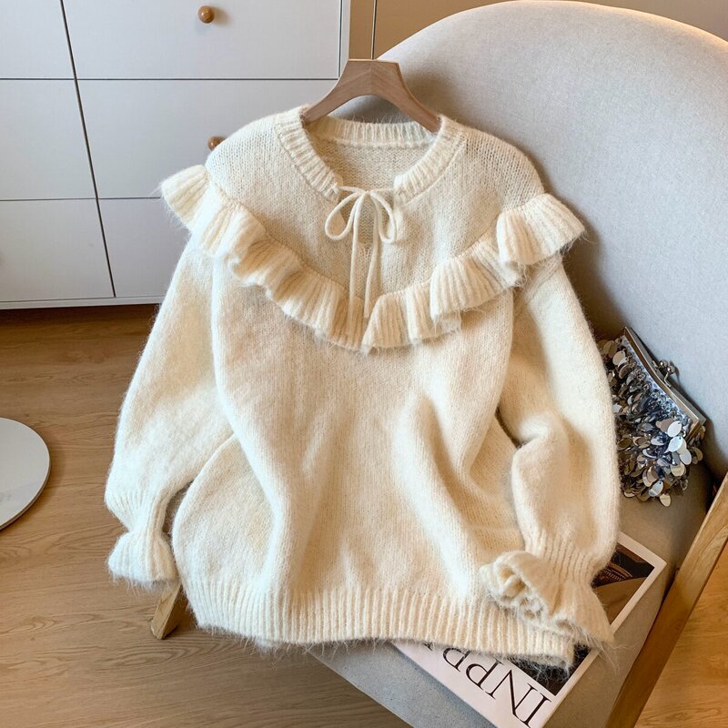 French-Style Gentle Ruffled Lace-Up Sweater for Women 2026 Autumn and Winter New Long-Sleeved Versatile Women's Knit Top