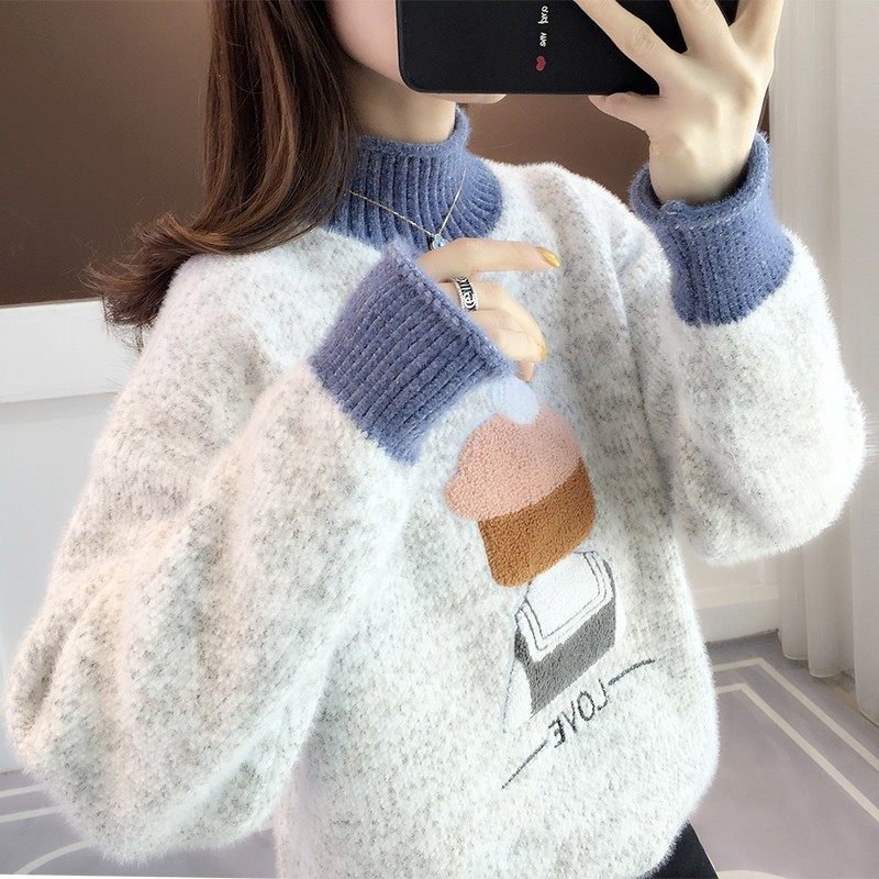 Mink velvet sweater loose semi-high collar 2021 autumn and winter New plus velvet Joker pullover student knitted base shirt