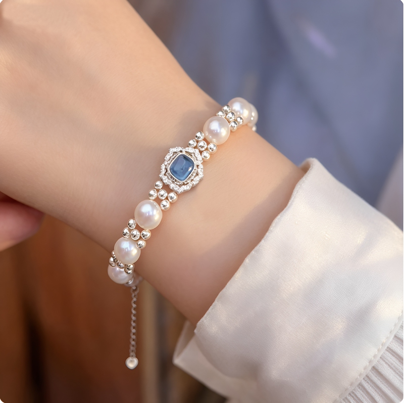Natural Freshwater Real Pearl Bracelet, High-End Sterling Silver Niche Bracelet, Aquamarine Light Luxury Bracelet, Bracelet Gift for Women