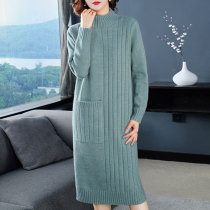 2022 Autumn Winter New Big Code Womens Dress Temperament Mature Fashion Pocket High Collar Loose Knit Inset Dress