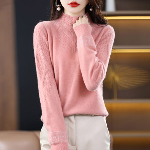 Korean style jacquard half turtleneck sweater for women 2023 autumn and winter sweater pullover temperament loose slimming pullover bottoming shirt