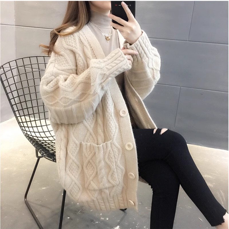 Women's Cardigan Sweater, Mid-Length, 2026 Spring and Autumn New Style, Korean Version, Loose Fit, Outerwear, Lazy Style, Thick Knitwear for Autumn and Winter