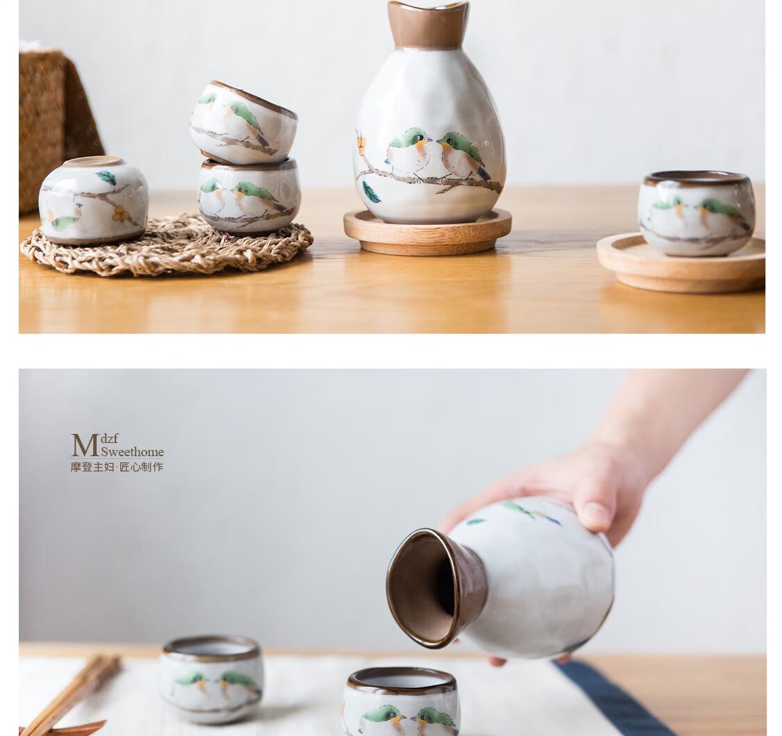 Bà nội trợ hiện đại Phong cách Nhật Bản Bộ rượu vang mèo Rượu vang trắng Rượu sake Rượu vang Nhật Bản Chai gốm thủy tinh Bộ ly phụ kiện rượu vang