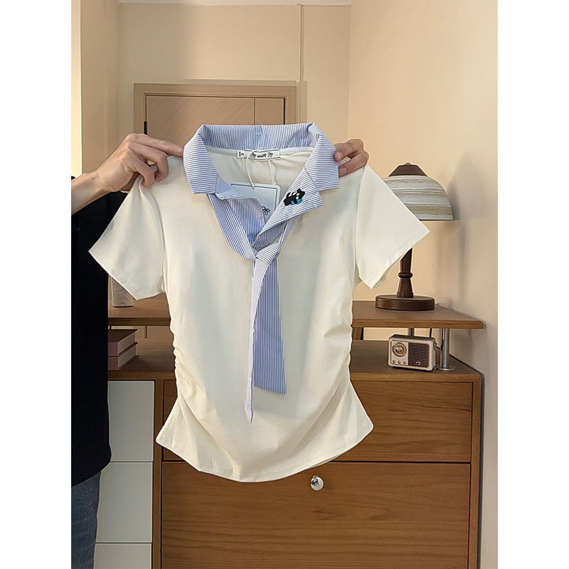Super Stylish Girls' Striped Short-Sleeve T-Shirt 2026 Summer New Model for Older Children with a Trendy Sailor Collar Polo Shirt
