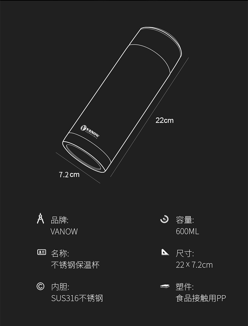 Anh Vanow cốc nam 600ml dung tích lớn inox 316 kinh doanh xách tay cốc nước lớn - Tách binh dung nuoc