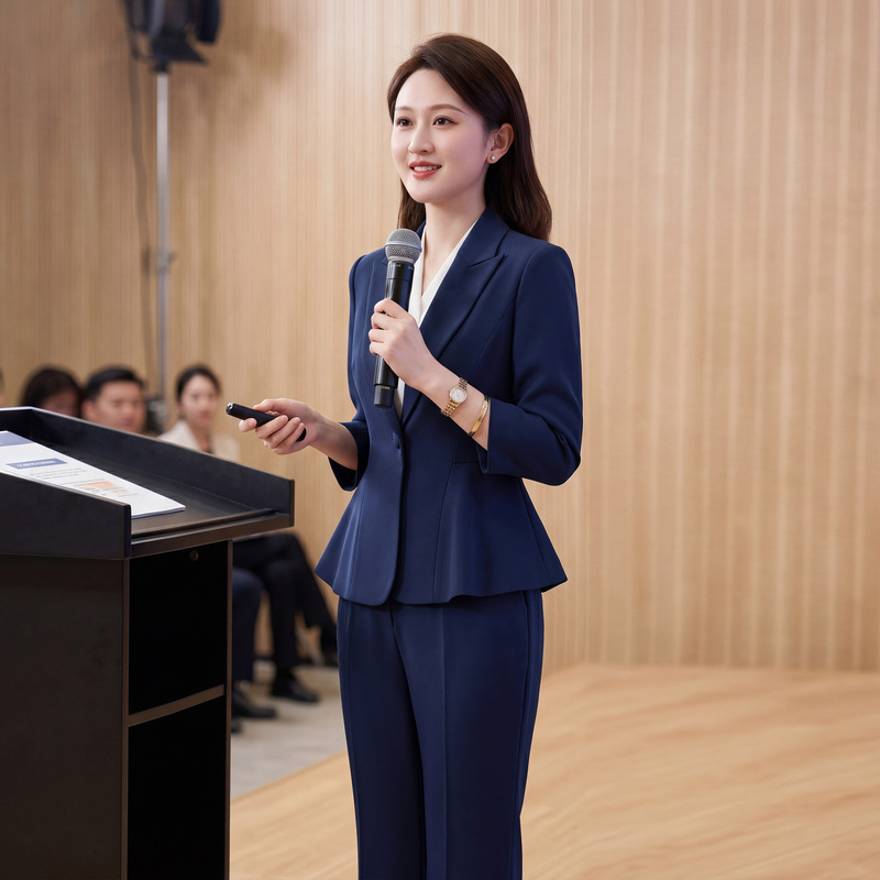 Dark Blue Three-Quarter Sleeve Waist-Cinching Blazer for Summer, Suitable for Teachers, Speech Competitions, Lightweight Workwear Set with Pants