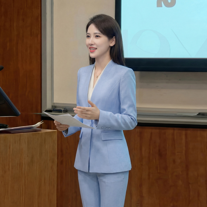 Qianbeibei Blue V-Neck Suit Professional Jacket for Women 2026 Summer Fashion Business Formal Wear Professional Pants Work Clothes