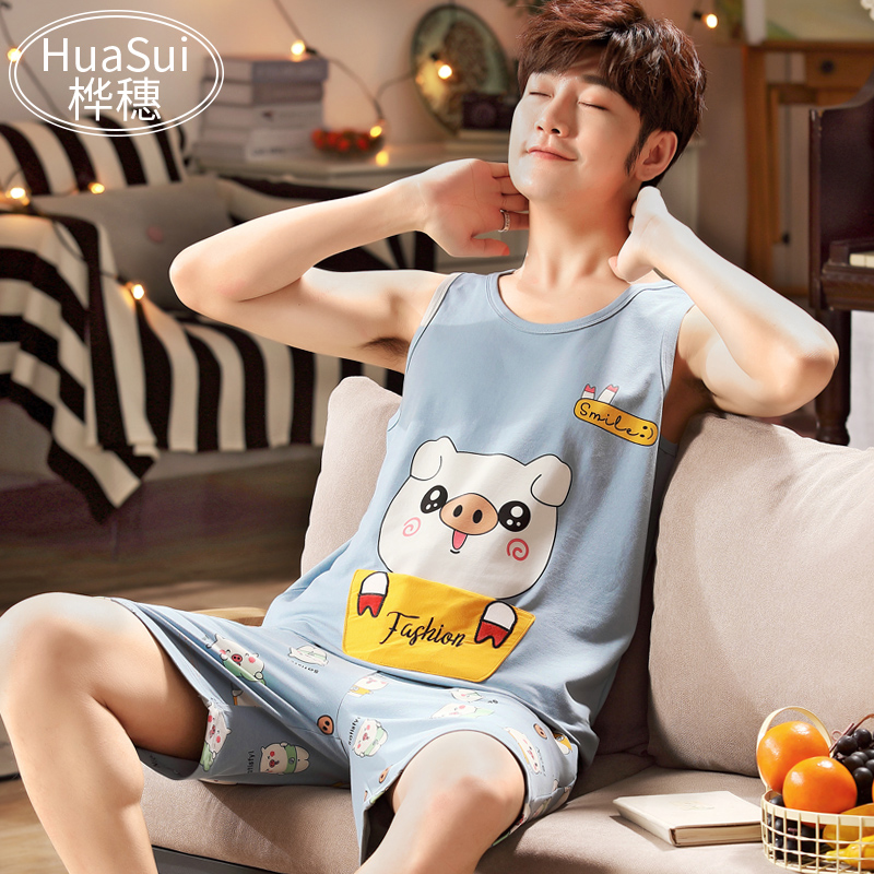 Mens đồ ngủ cotton mùa hè vest model mỏng trẻ sinh viên không tay cartoon bông quần áo nhà set mùa hè.