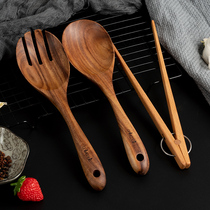 Creative acacia wood salad fork spoon set salad mixing spoon wooden long handle vegetable clip large