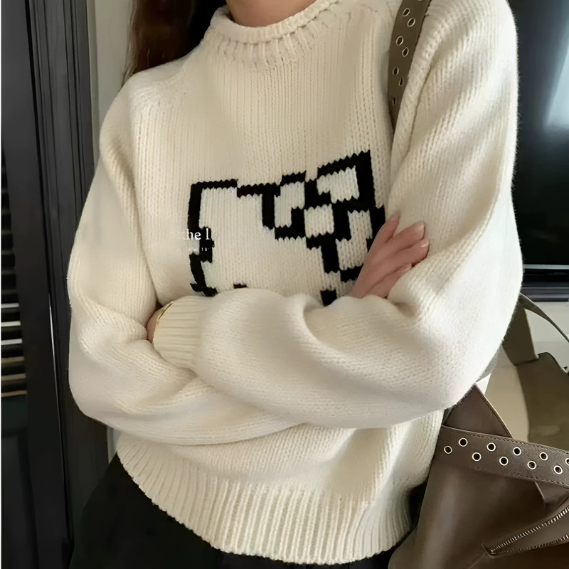 Korean-Style College Cartoon Cat Jacquard Knit Women's Round-Neck Long-Sleeve Sweater, Loose and Versatile Top, New Autumn Style