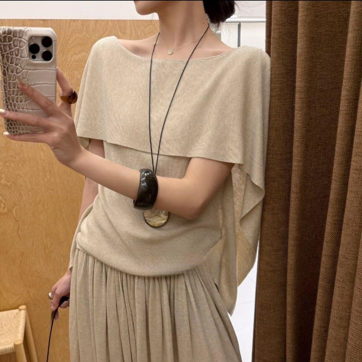 2026气质假两件夏季新款极简风纯色圆领披肩式短袖T恤女百搭上衣.