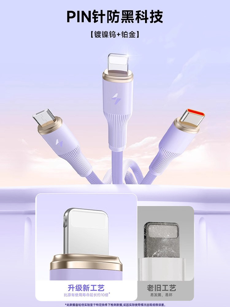 Platinum Compatible Data Cable 3-in-1 Charger Cable Liquid 100W Super Fast Charging Three-Head Apple Huawei Vivo Android One-To-Three Type-C Mobile Phone iPhone Multi-Head Multi-Function Car Charger 3