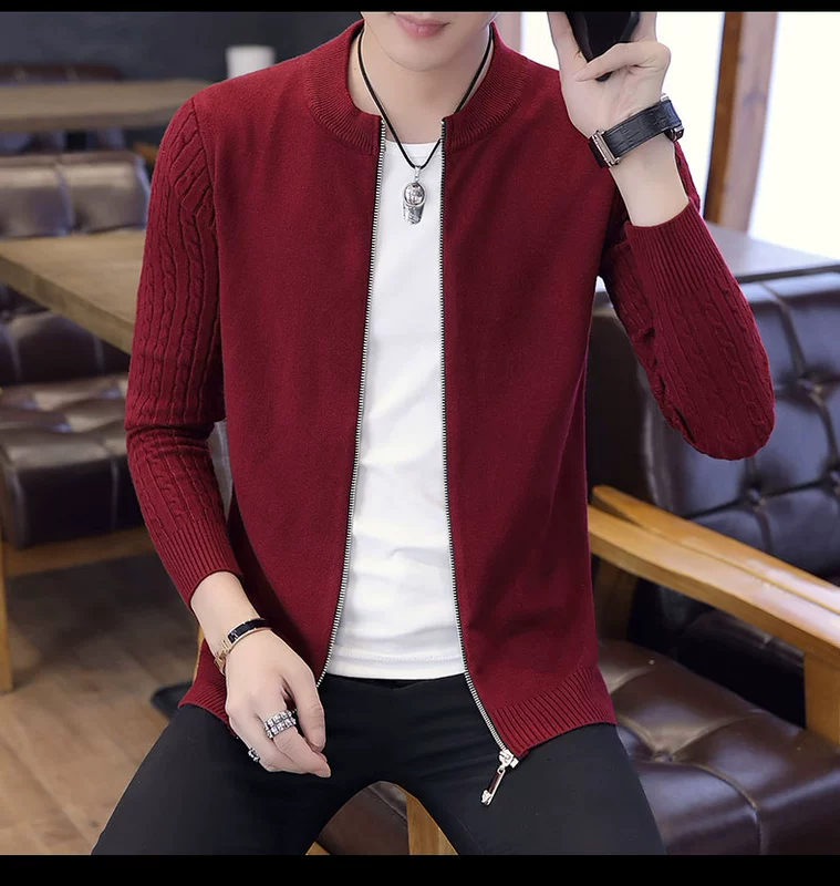 Áo len dệt kim nam mùa thu mới mở Zip Jacket Teen Solid Color Winter Quần áo nam Áo len cardigan - Cardigan